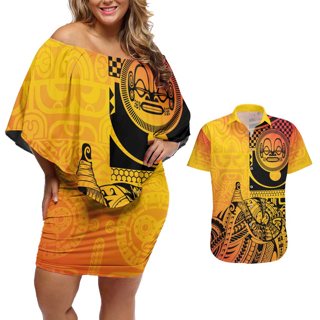 Marquesas Islands Couples Matching Off Shoulder Short Dress and Hawaiian Shirt Marquesan Matatiki Fish Hook Patutiki - Polynesian Pride