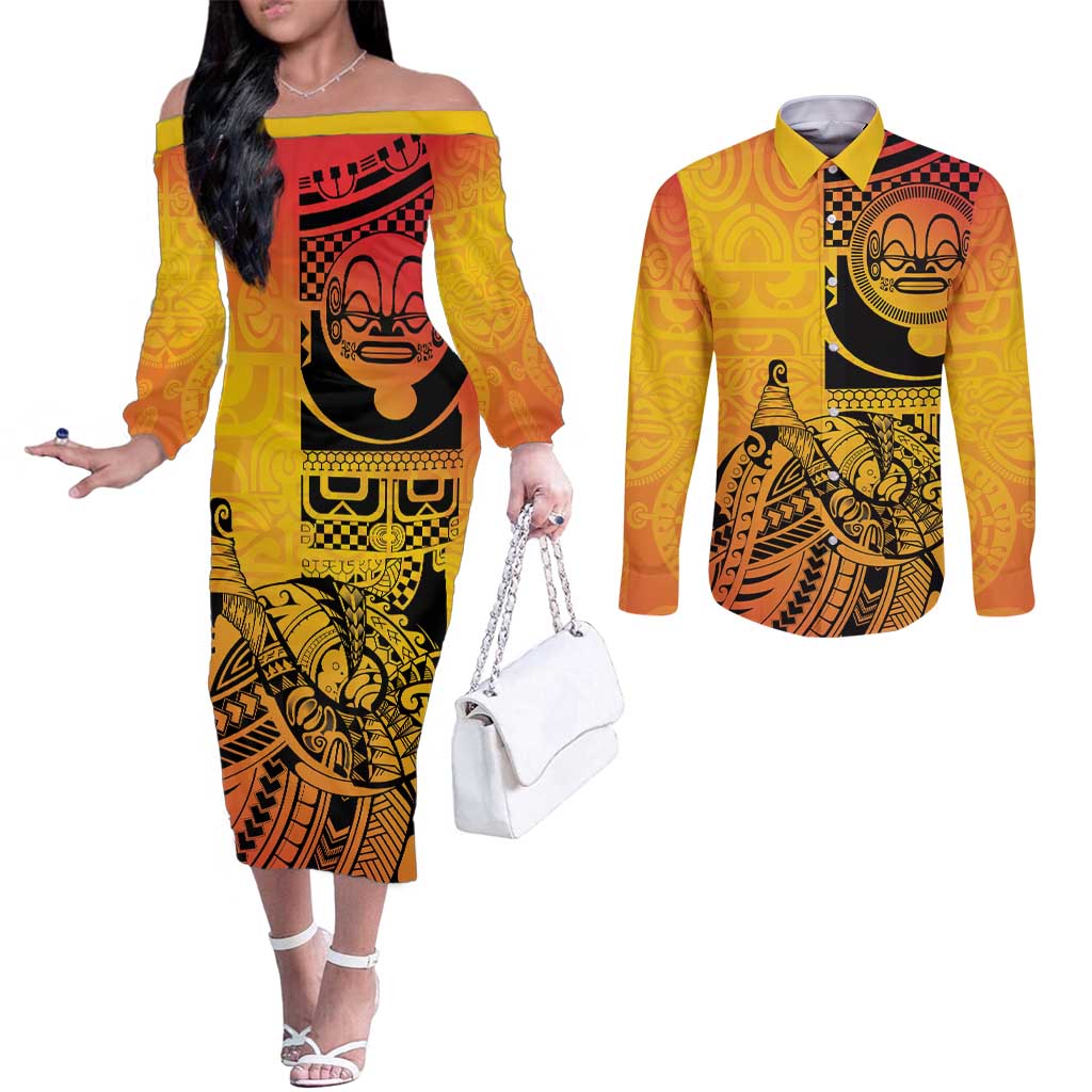 Marquesas Islands Couples Matching Off The Shoulder Long Sleeve Dress and Long Sleeve Button Shirt Marquesan Matatiki Fish Hook Patutiki - Polynesian Pride
