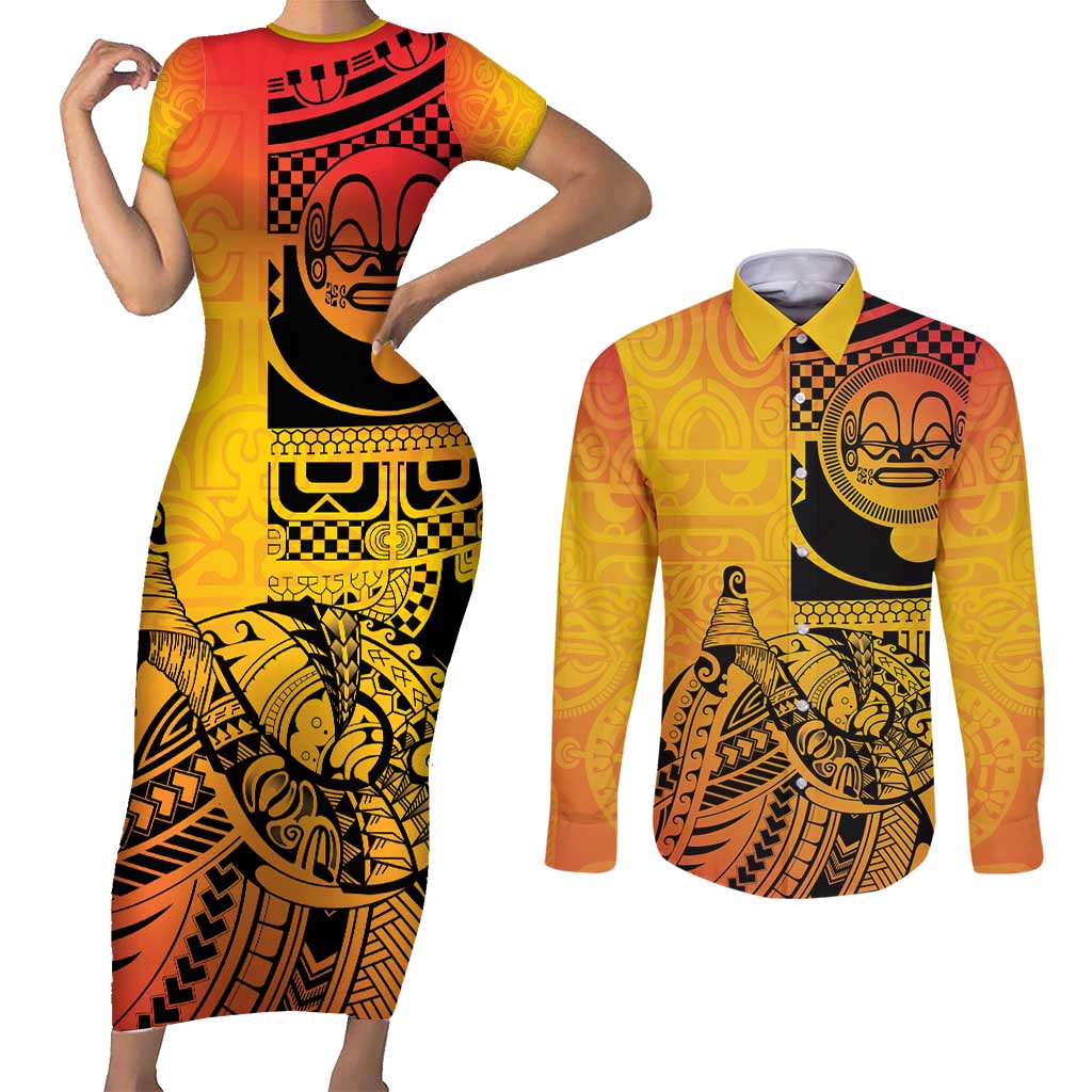 Marquesas Islands Couples Matching Short Sleeve Bodycon Dress and Long Sleeve Button Shirt Marquesan Matatiki Fish Hook Patutiki - Polynesian Pride
