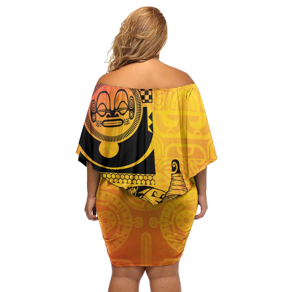 Marquesas Islands Off Shoulder Short Dress Marquesan Matatiki Fish Hook Patutiki - Polynesian Pride