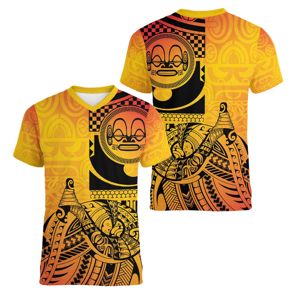 Marquesas Islands Women V-Neck T-Shirt Marquesan Matatiki Fish Hook Patutiki - Polynesian Pride