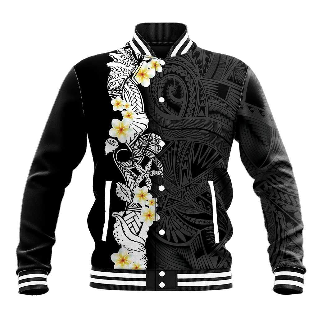 Black Samoa Tattoo Baseball Jacket Plumeria Samoan Ocean Tatau Pattern - Polynesian Pride
