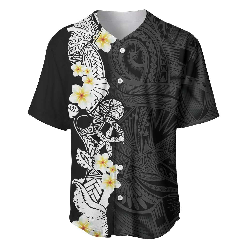 Black Samoa Tattoo Baseball Jersey Plumeria Samoan Ocean Tatau Pattern - Polynesian Pride