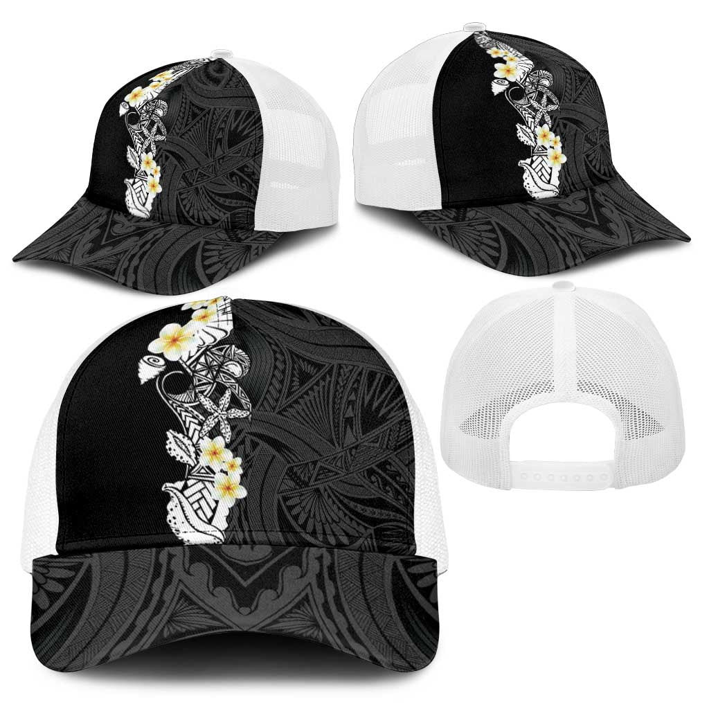 Black Samoa Tattoo Baseball Net Cap Plumeria Samoan Ocean Tatau Pattern - Polynesian Pride