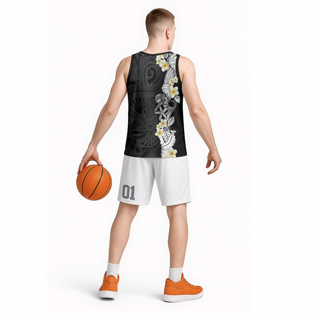 Black Samoa Tattoo Basketball Jersey Plumeria Samoan Ocean Tatau Pattern - Polynesian Pride