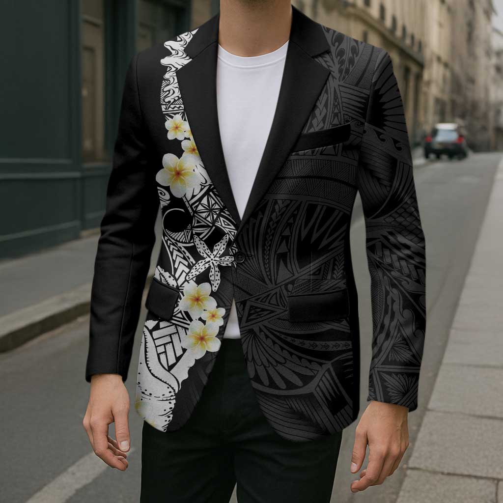 Black Samoa Tattoo Blazer Plumeria Samoan Ocean Tatau Pattern - Polynesian Pride