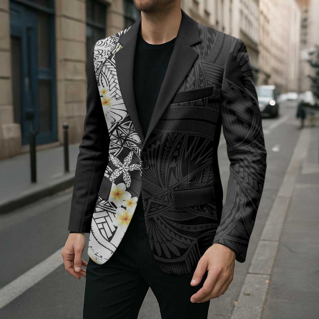 Black Samoa Tattoo Blazer Plumeria Samoan Ocean Tatau Pattern - Polynesian Pride