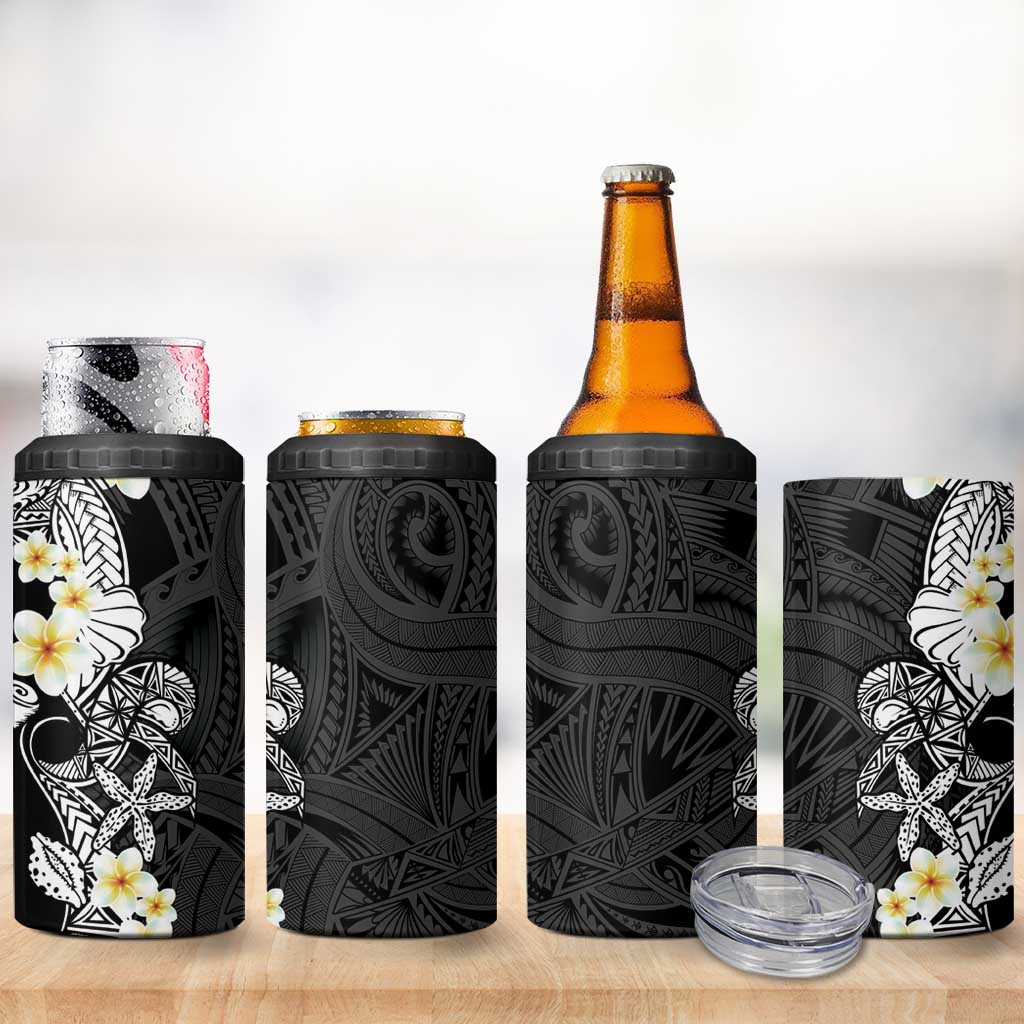 Black Samoa Tattoo 4 in 1 Can Cooler Tumbler Plumeria Samoan Ocean Tatau Pattern - Polynesian Pride