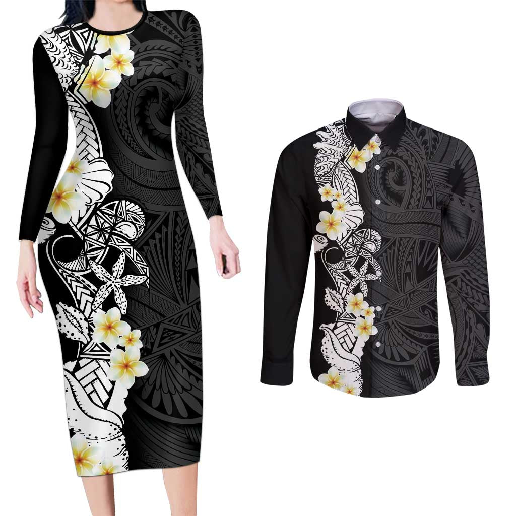 Black Samoa Tattoo Couples Matching Long Sleeve Bodycon Dress and Long Sleeve Button Shirt Plumeria Samoan Ocean Tatau Pattern - Polynesian Pride