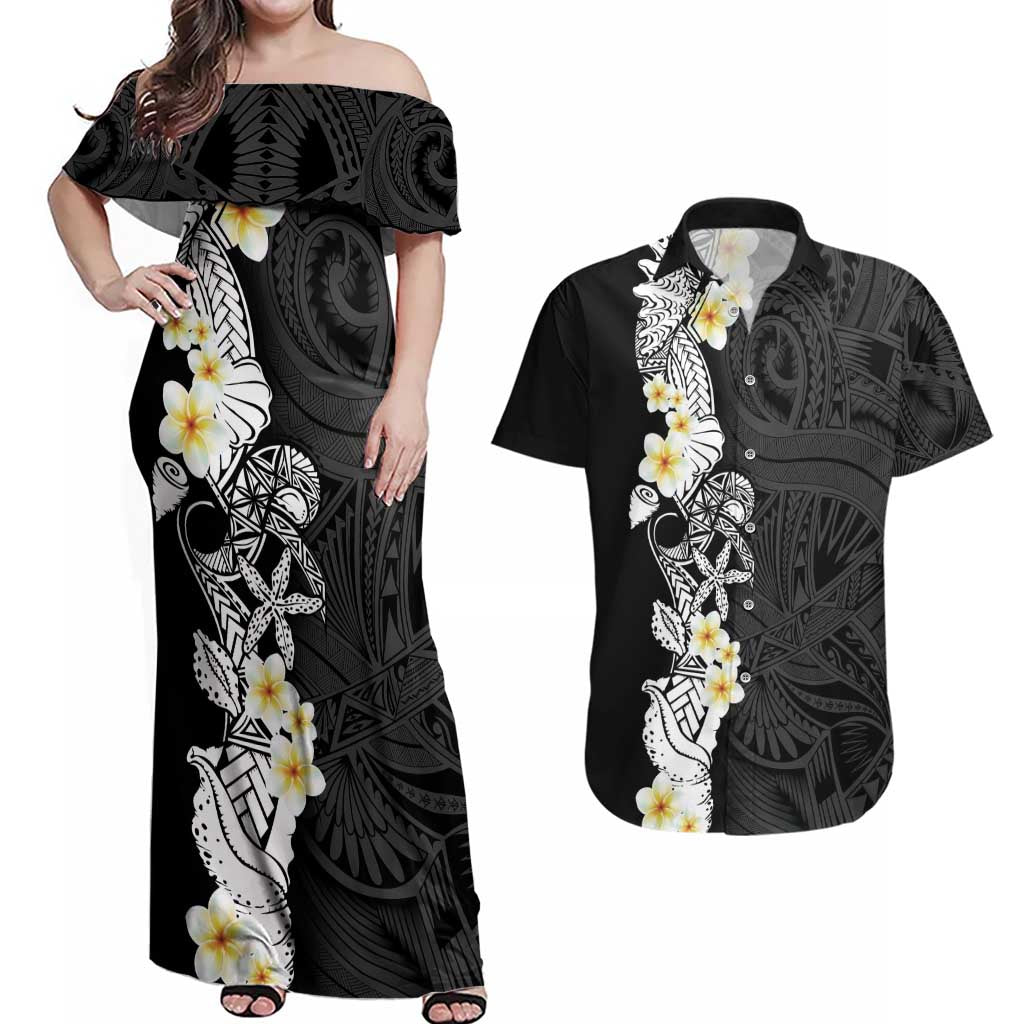 Black Samoa Tattoo Couples Matching Off Shoulder Maxi Dress and Hawaiian Shirt Plumeria Samoan Ocean Tatau Pattern - Polynesian Pride