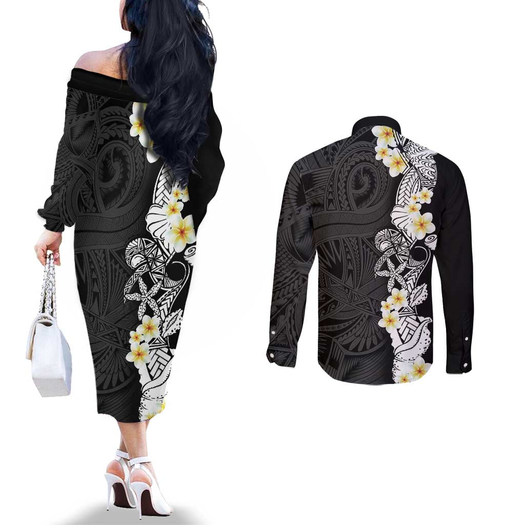 Black Samoa Tattoo Couples Matching Off The Shoulder Long Sleeve Dress and Long Sleeve Button Shirt Plumeria Samoan Ocean Tatau Pattern - Polynesian Pride