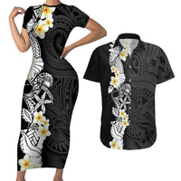 Black Samoa Tattoo Couples Matching Short Sleeve Bodycon Dress and Hawaiian Shirt Plumeria Samoan Ocean Tatau Pattern - Polynesian Pride