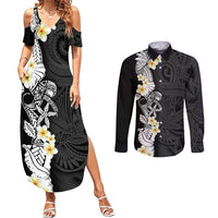 Black Samoa Tattoo Couples Matching Summer Maxi Dress and Long Sleeve Button Shirt Plumeria Samoan Ocean Tatau Pattern - Polynesian Pride