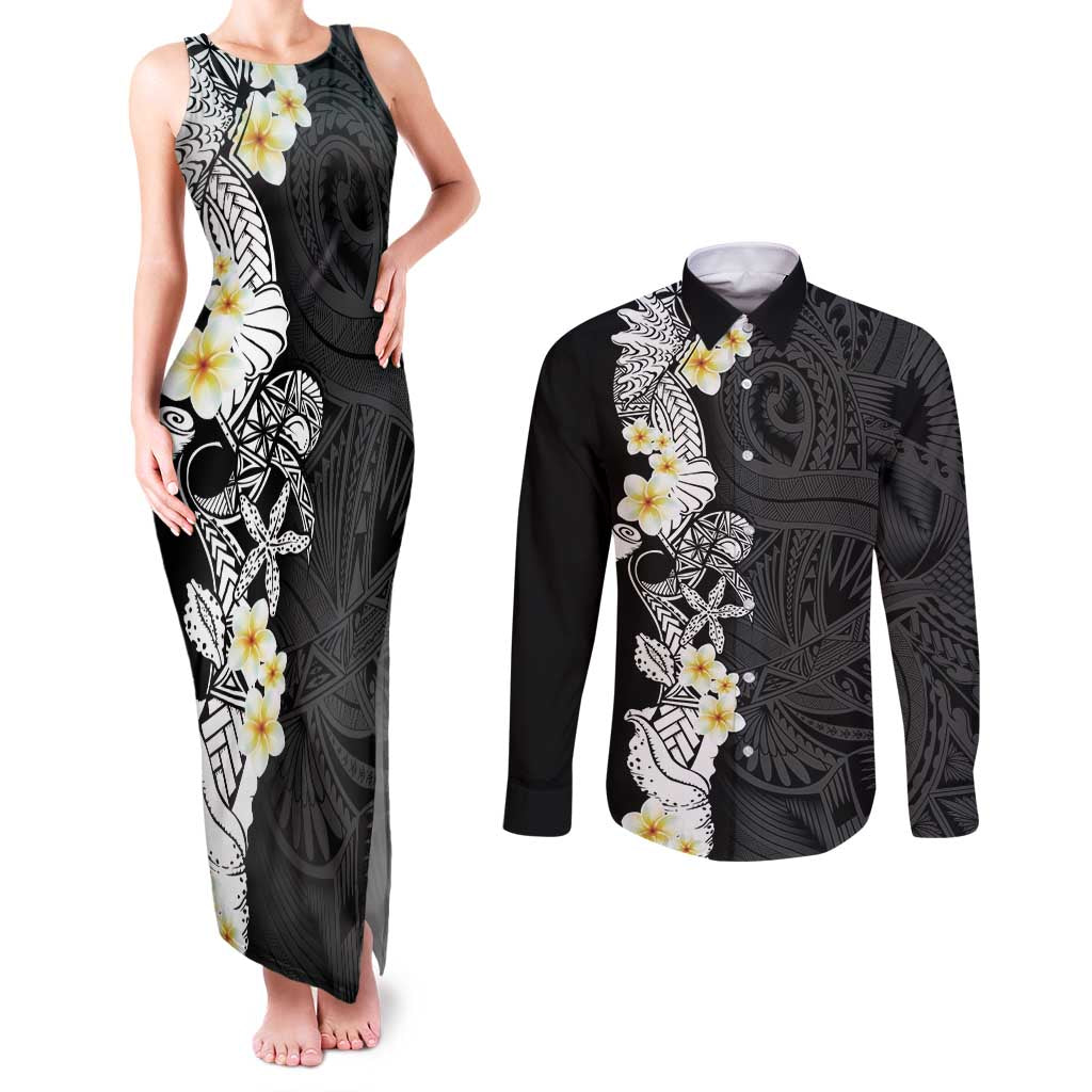Black Samoa Tattoo Couples Matching Tank Maxi Dress and Long Sleeve Button Shirt Plumeria Samoan Ocean Tatau Pattern - Polynesian Pride