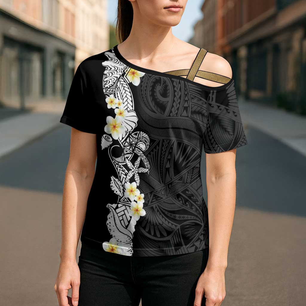 Black Samoa Tattoo Cross Shoulder Shirt Plumeria Samoan Ocean Tatau Pattern - Polynesian Pride