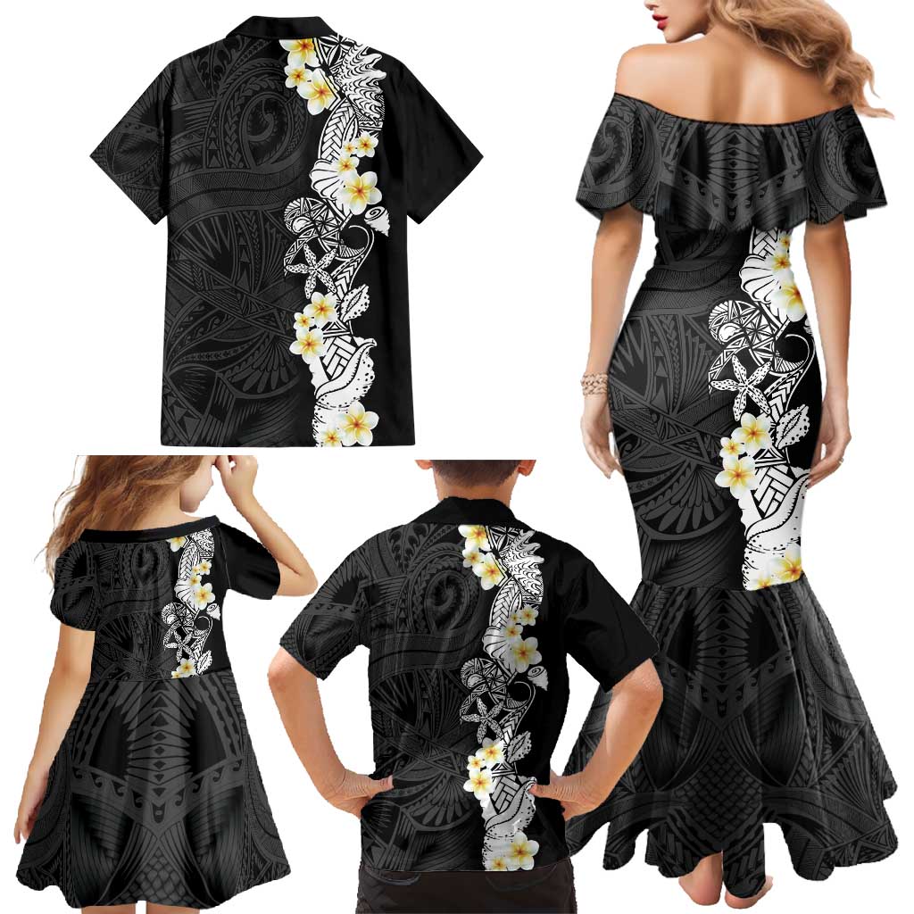 Black Samoa Tattoo Family Matching Mermaid Dress and Hawaiian Shirt Plumeria Samoan Ocean Tatau Pattern - Polynesian Pride