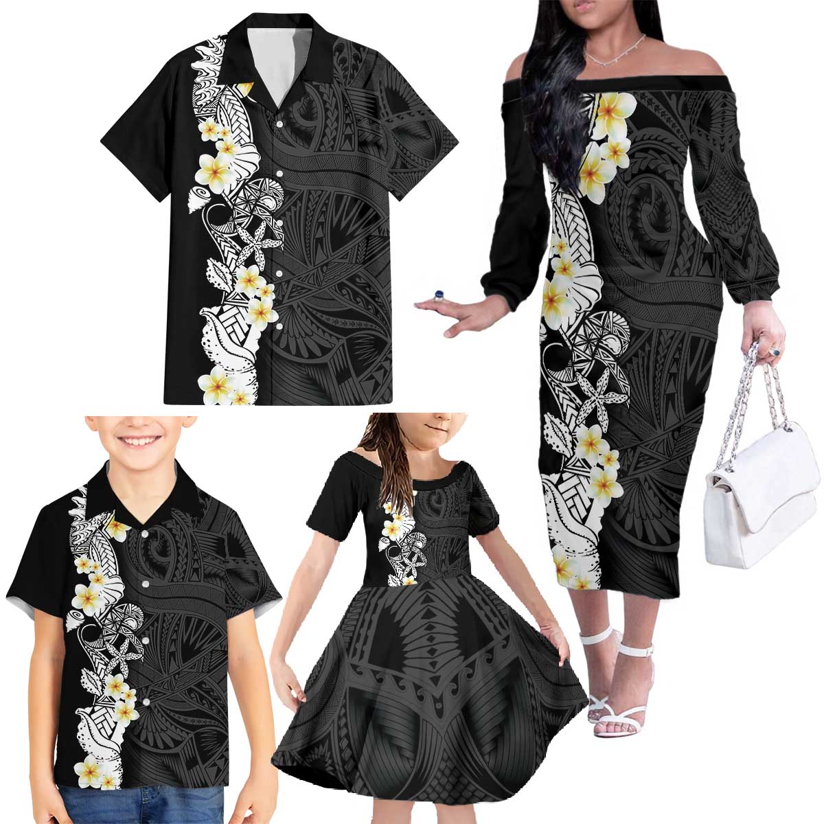 Black Samoa Tattoo Family Matching Off The Shoulder Long Sleeve Dress and Hawaiian Shirt Plumeria Samoan Ocean Tatau Pattern - Polynesian Pride