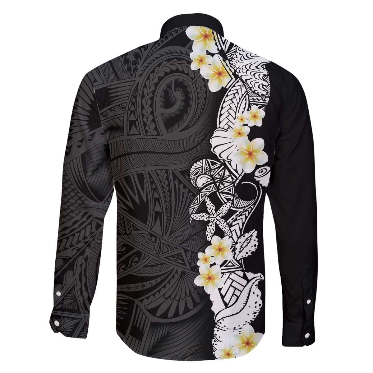 Black Samoa Tattoo Family Matching Off The Shoulder Long Sleeve Dress and Hawaiian Shirt Plumeria Samoan Ocean Tatau Pattern - Polynesian Pride