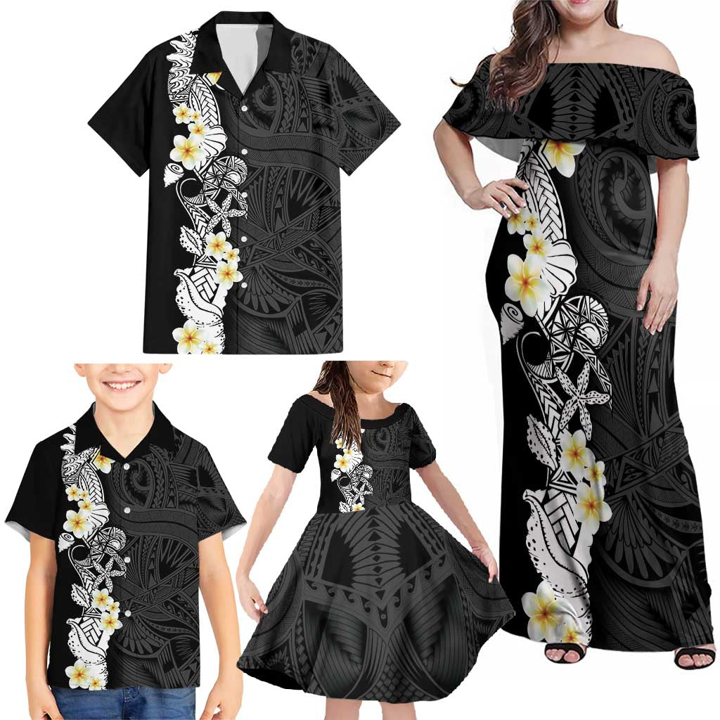 Black Samoa Tattoo Family Matching Off Shoulder Maxi Dress and Hawaiian Shirt Plumeria Samoan Ocean Tatau Pattern - Polynesian Pride