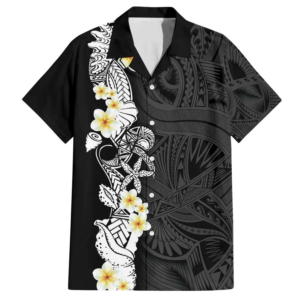 Black Samoa Tattoo Family Matching Off Shoulder Short Dress and Hawaiian Shirt Plumeria Samoan Ocean Tatau Pattern - Polynesian Pride