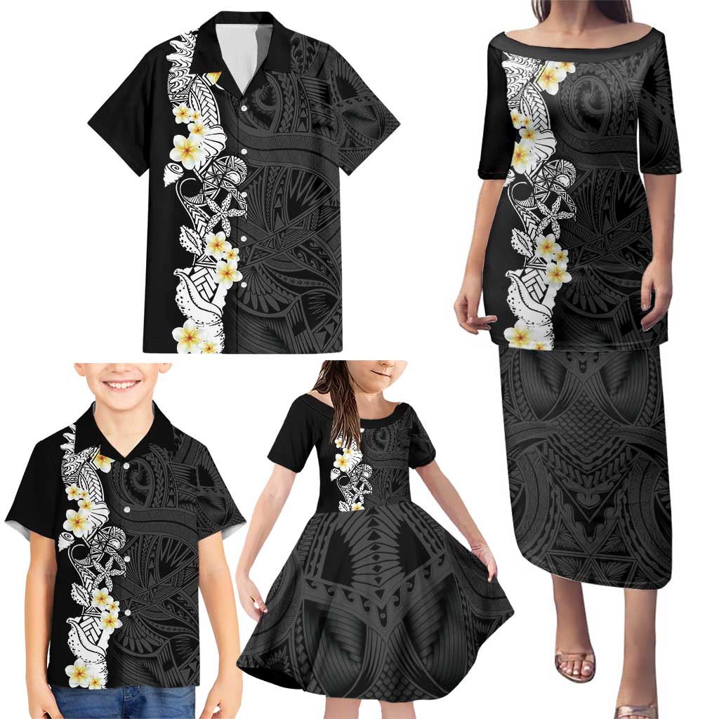 Black Samoa Tattoo Family Matching Puletasi and Hawaiian Shirt Plumeria Samoan Ocean Tatau Pattern - Polynesian Pride
