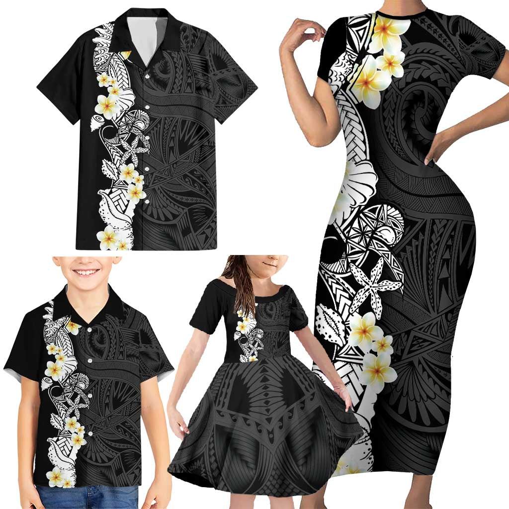 Black Samoa Tattoo Family Matching Short Sleeve Bodycon Dress and Hawaiian Shirt Plumeria Samoan Ocean Tatau Pattern - Polynesian Pride