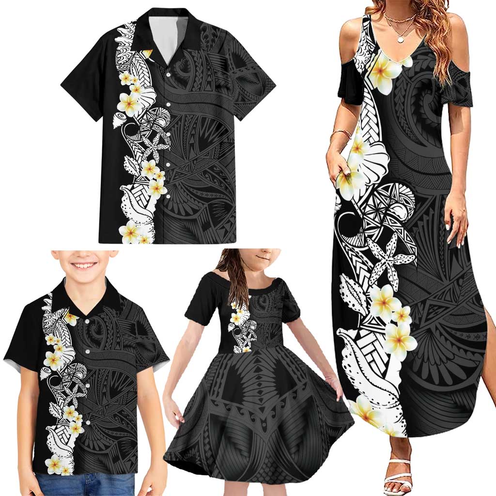 Black Samoa Tattoo Family Matching Summer Maxi Dress and Hawaiian Shirt Plumeria Samoan Ocean Tatau Pattern - Polynesian Pride