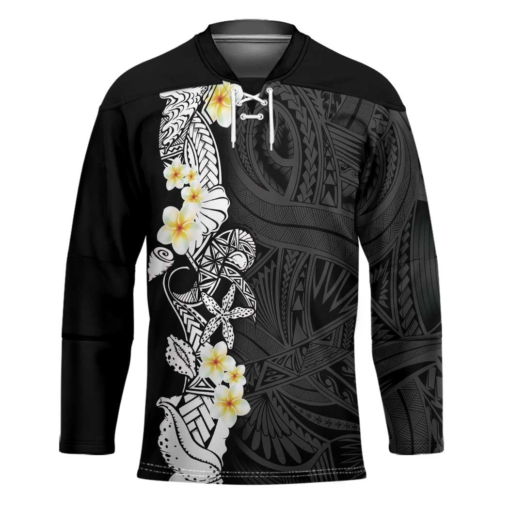 Black Samoa Tattoo Hockey Jersey Plumeria Samoan Ocean Tatau Pattern - Polynesian Pride