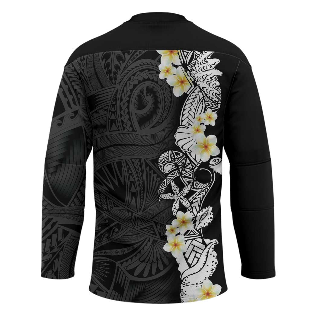 Black Samoa Tattoo Hockey Jersey Plumeria Samoan Ocean Tatau Pattern - Polynesian Pride