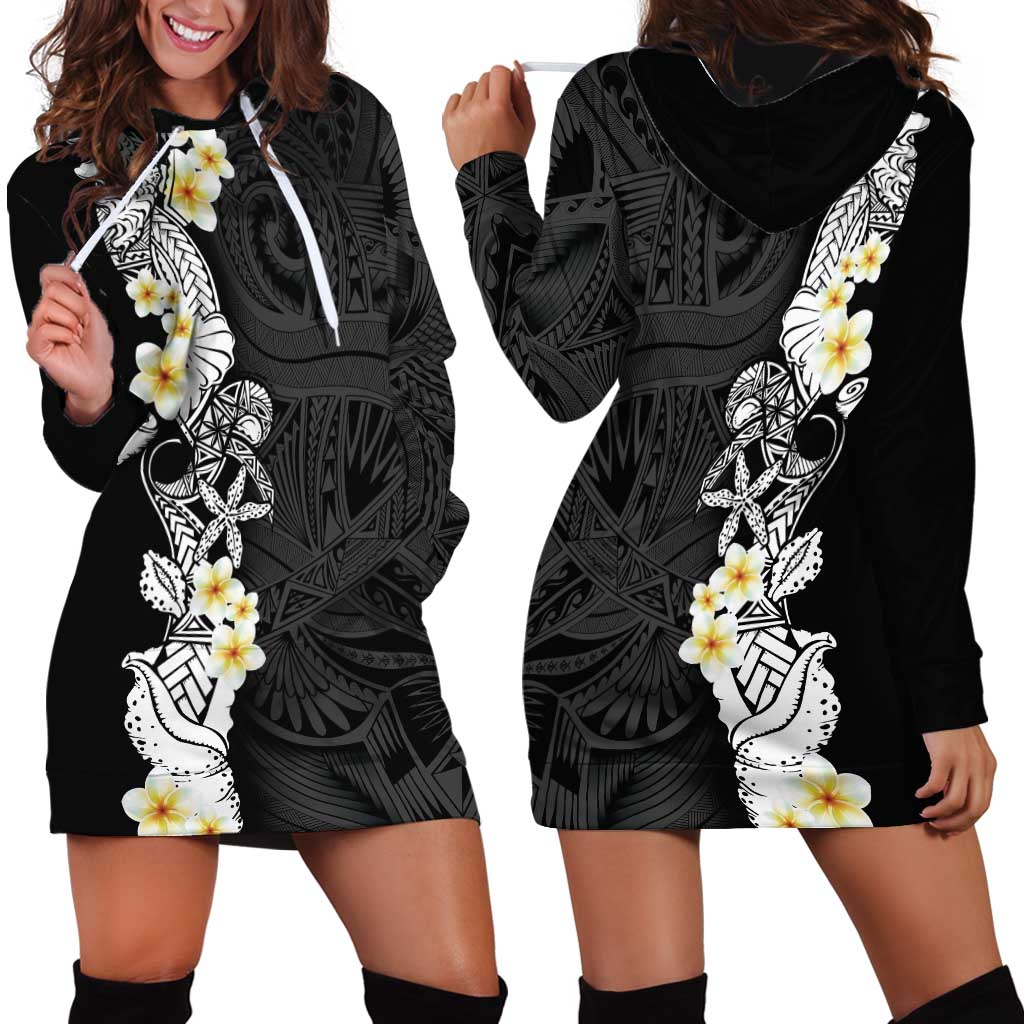 Black Samoa Tattoo Hoodie Dress Plumeria Samoan Ocean Tatau Pattern - Polynesian Pride