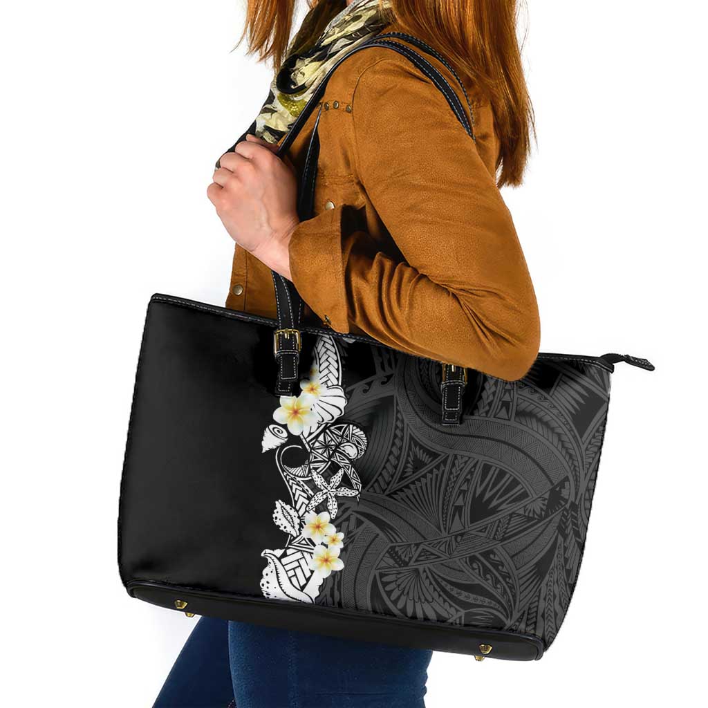 Black Samoa Tattoo Leather Tote Bag Plumeria Samoan Ocean Tatau Pattern - Polynesian Pride
