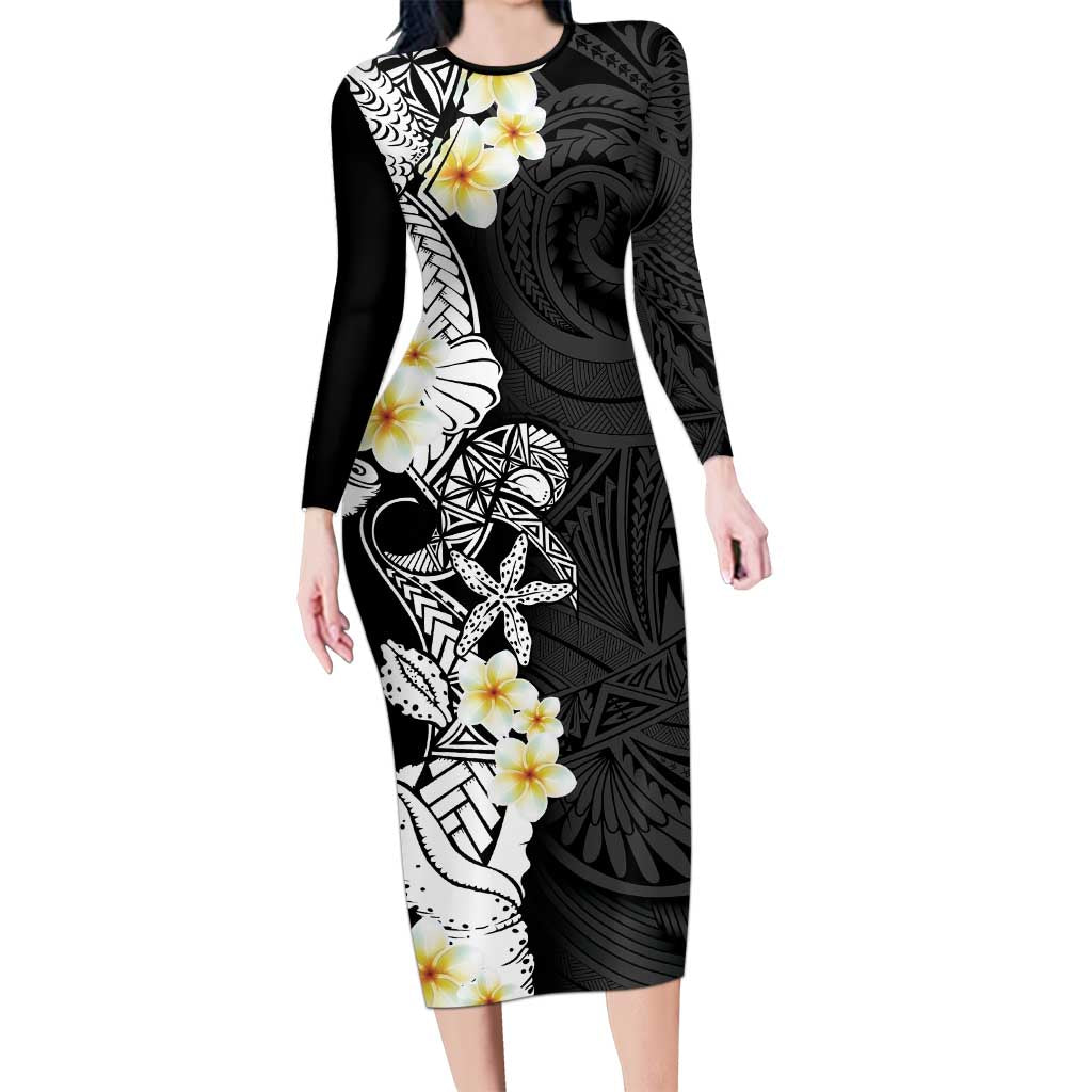 Black Samoa Tattoo Long Sleeve Bodycon Dress Plumeria Samoan Ocean Tatau Pattern - Polynesian Pride