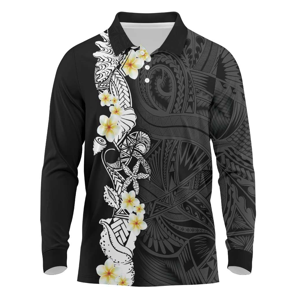 Black Samoa Tattoo Long Sleeve Polo Shirt Plumeria Samoan Ocean Tatau Pattern - Polynesian Pride