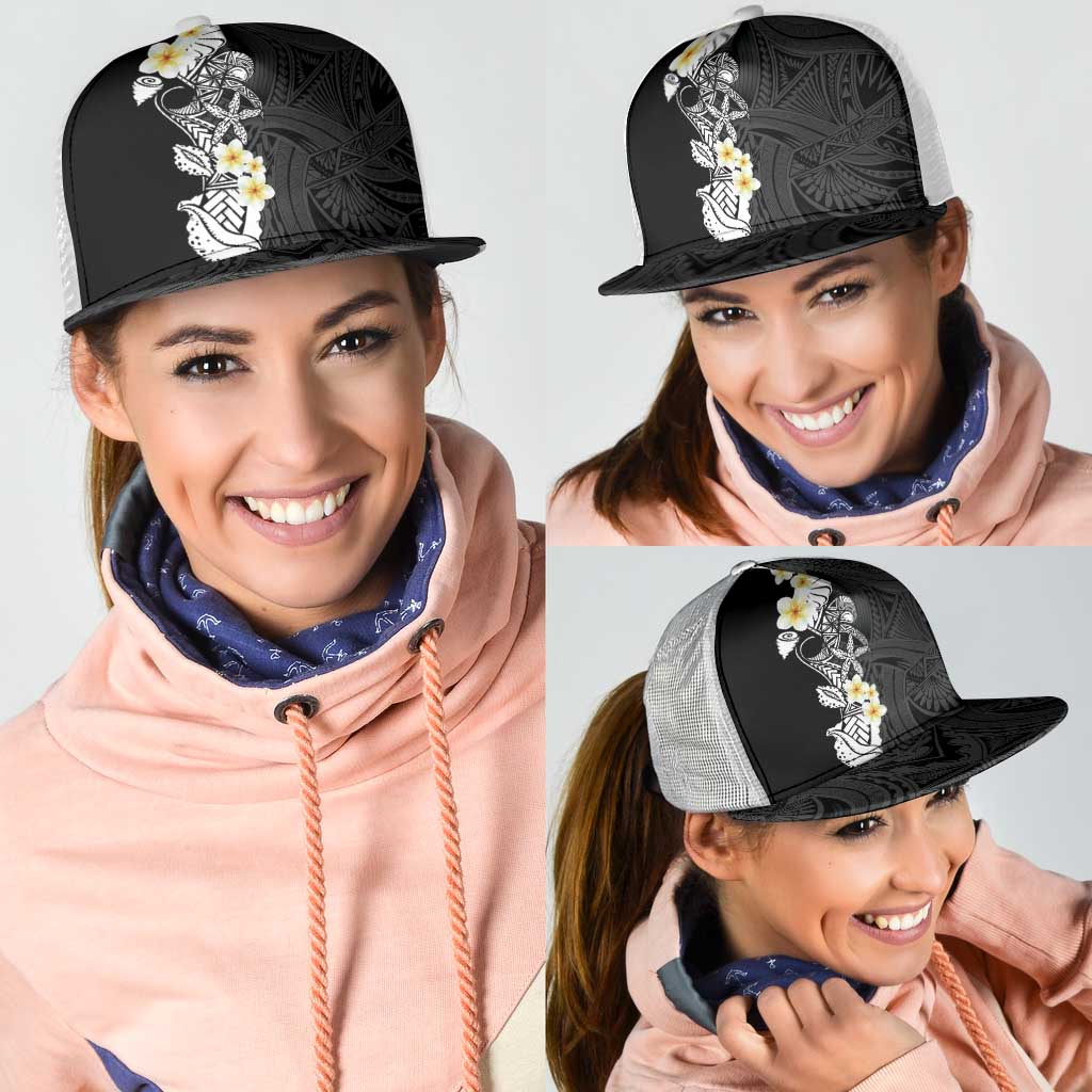 Black Samoa Tattoo Mesh Trucker Cap Plumeria Samoan Ocean Tatau Pattern - Polynesian Pride