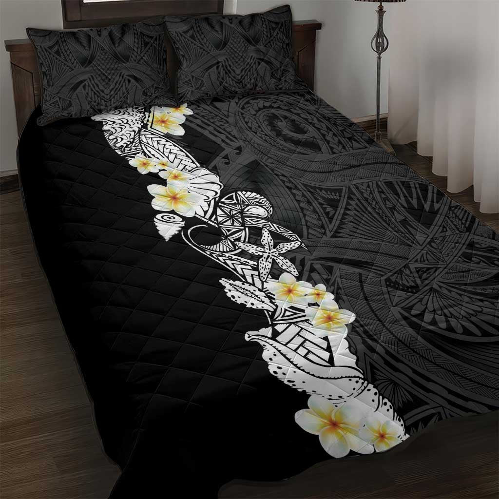 Black Samoa Tattoo Quilt Bed Set Plumeria Samoan Ocean Tatau Pattern - Polynesian Pride