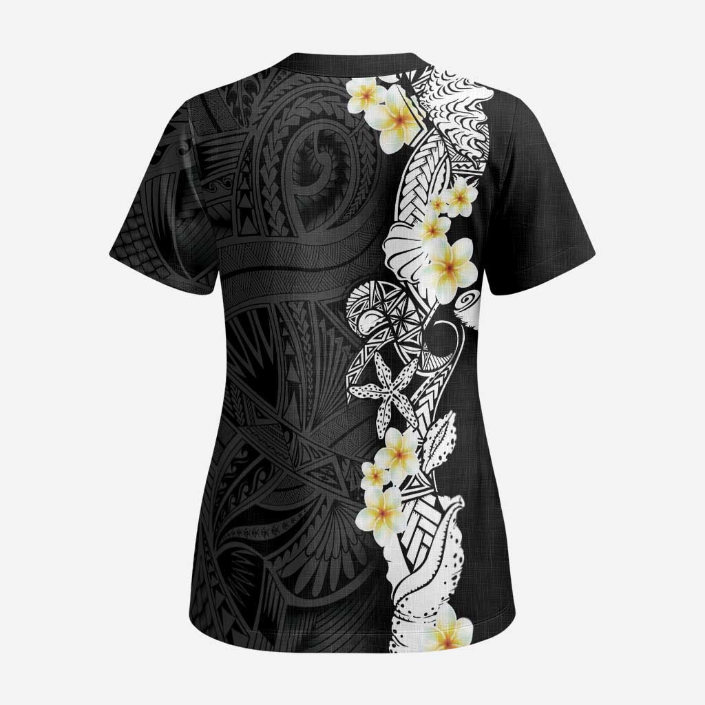 Black Samoa Tattoo Scrub Top Plumeria Samoan Ocean Tatau Pattern - Polynesian Pride