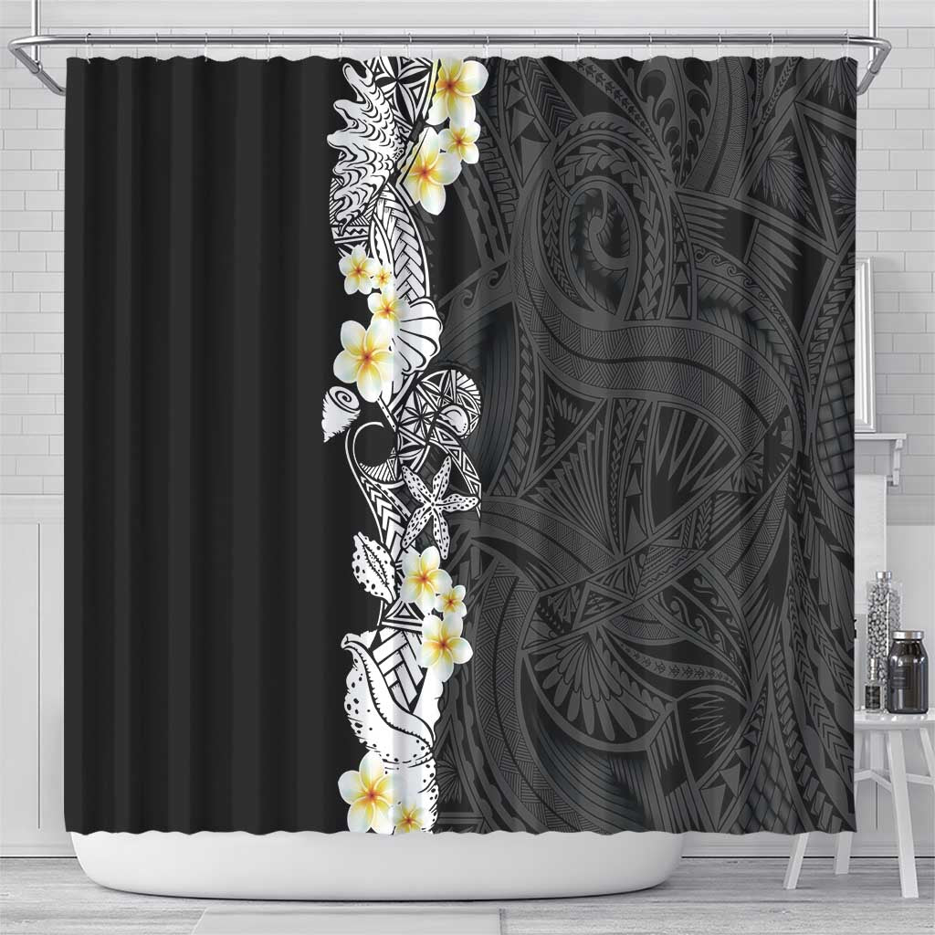 Black Samoa Tattoo Shower Curtain Plumeria Samoan Ocean Tatau Pattern - Polynesian Pride