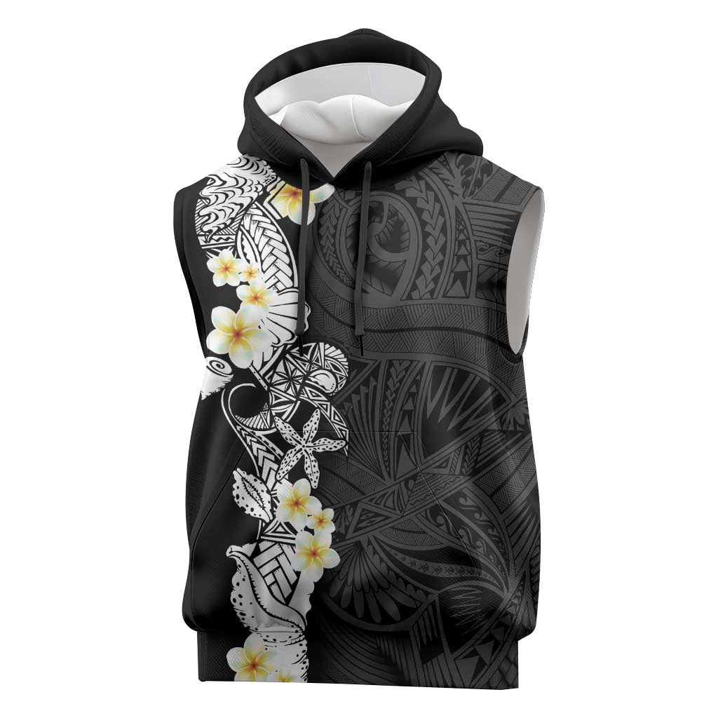 Black Samoa Tattoo Sleeveless Hoodie Plumeria Samoan Ocean Tatau Pattern - Polynesian Pride