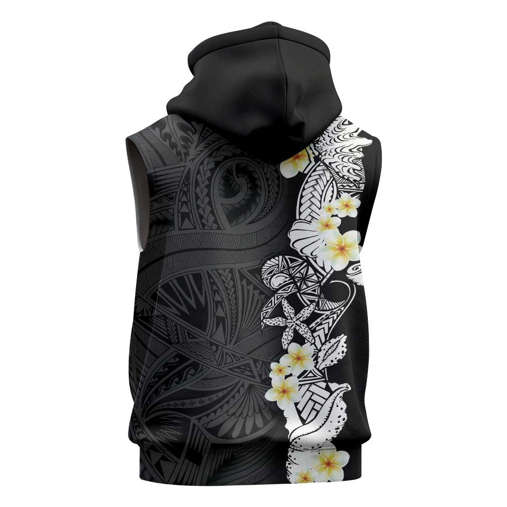 Black Samoa Tattoo Sleeveless Zip Hoodie Plumeria Samoan Ocean Tatau Pattern - Polynesian Pride