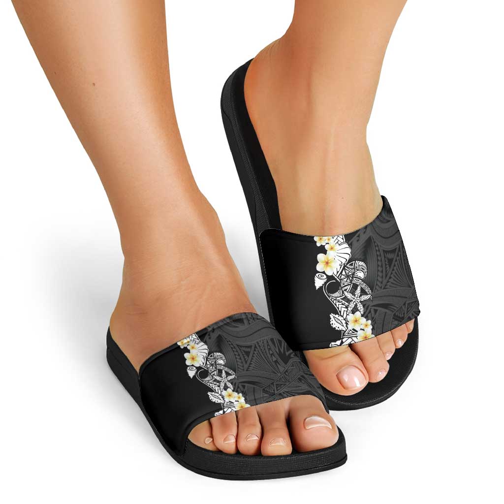Black Samoa Tattoo Slide Sandals Plumeria Samoan Ocean Tatau Pattern - Polynesian Pride