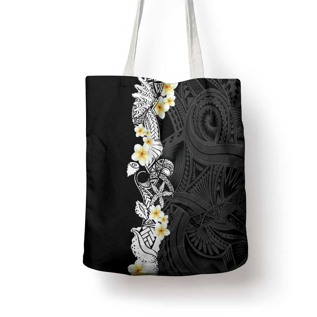 Black Samoa Tattoo Tote Bag Plumeria Samoan Ocean Tatau Pattern - Polynesian Pride