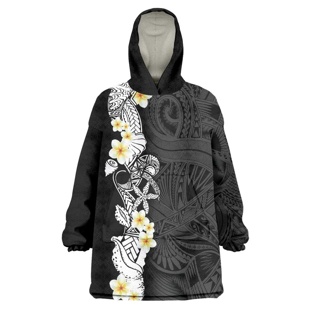 Black Samoa Tattoo Wearable Blanket Hoodie Plumeria Samoan Ocean Tatau Pattern LT14 One Size Black - Polynesian Pride