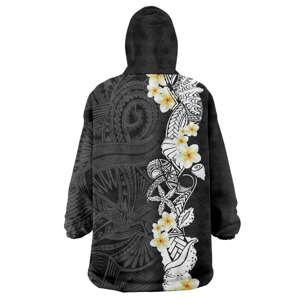 Black Samoa Tattoo Wearable Blanket Hoodie Plumeria Samoan Ocean Tatau Pattern - Polynesian Pride