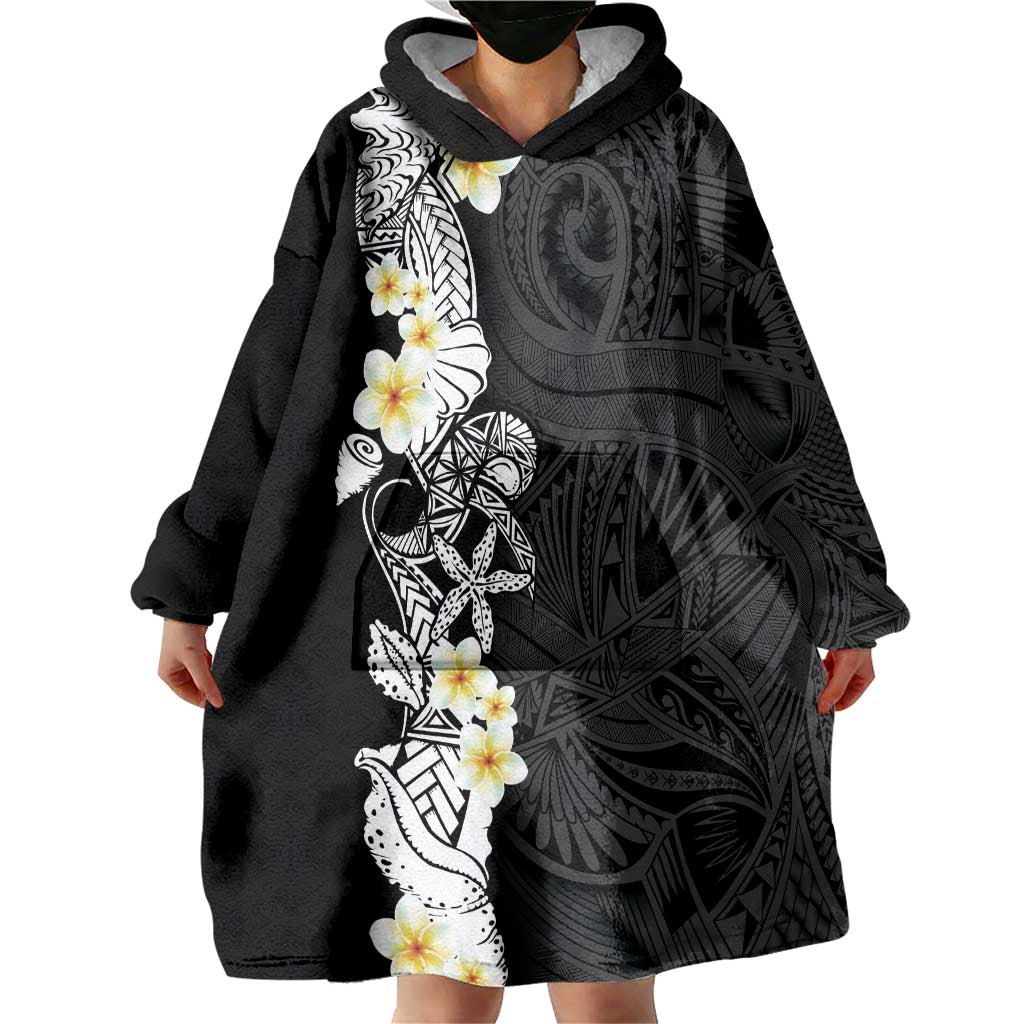 Black Samoa Tattoo Wearable Blanket Hoodie Plumeria Samoan Ocean Tatau Pattern - Polynesian Pride