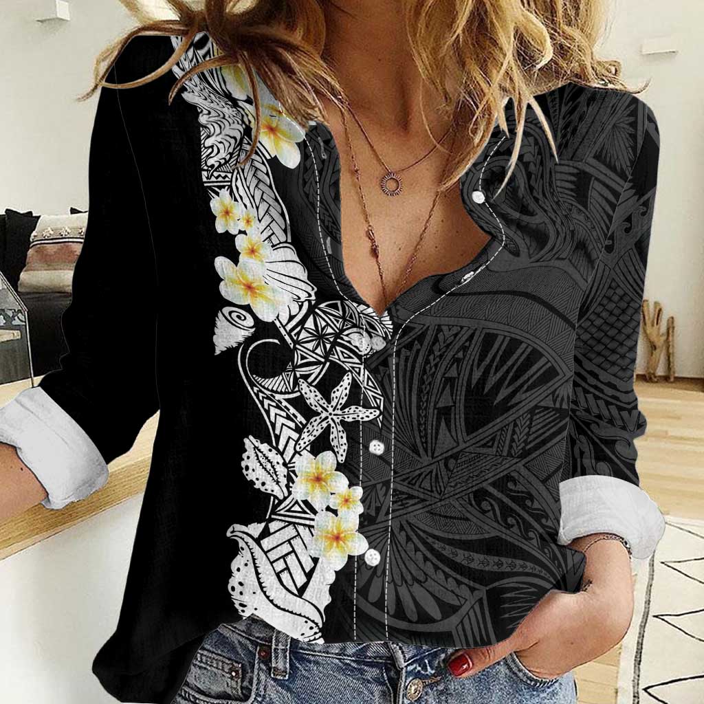 Black Samoa Tattoo Women Casual Shirt Plumeria Samoan Ocean Tatau Pattern - Polynesian Pride