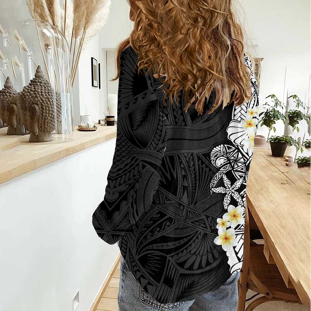 Black Samoa Tattoo Women Casual Shirt Plumeria Samoan Ocean Tatau Pattern - Polynesian Pride