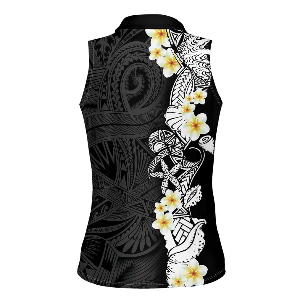 Black Samoa Tattoo Women Sleeveless Polo Shirt Plumeria Samoan Ocean Tatau Pattern - Polynesian Pride