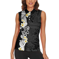 Black Samoa Tattoo Women Sleeveless Polo Shirt Plumeria Samoan Ocean Tatau Pattern - Polynesian Pride