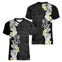 Black Samoa Tattoo Women V-Neck T-Shirt Plumeria Samoan Ocean Tatau Pattern - Polynesian Pride