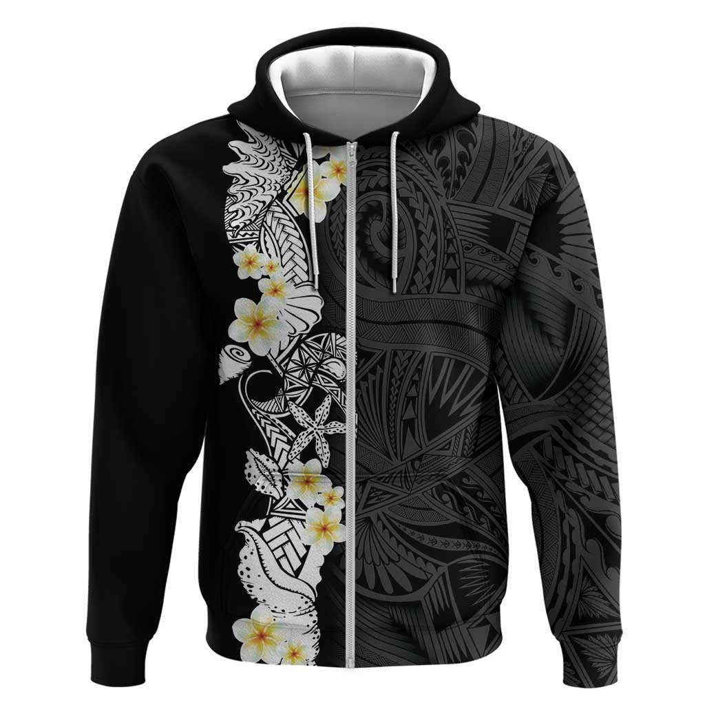 Black Samoa Tattoo Zip Hoodie Plumeria Samoan Ocean Tatau Pattern LT14 Zip Hoodie Black - Polynesian Pride